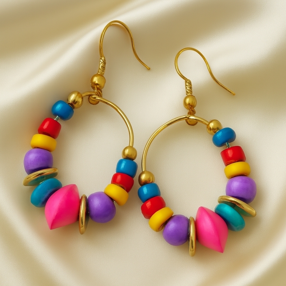 Gold Colorful Beaded Hoop Drop Earrings – Vibrant Artisan Elegance 1.5-inch #2